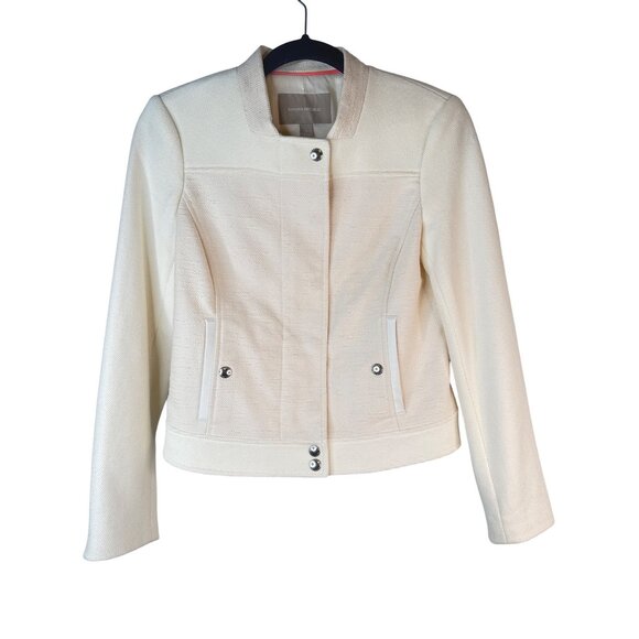 Banana Republic Size 0 Ivory Textured Cotton Blend Jacket Zipper Button Snaps - Picture 11 of 16